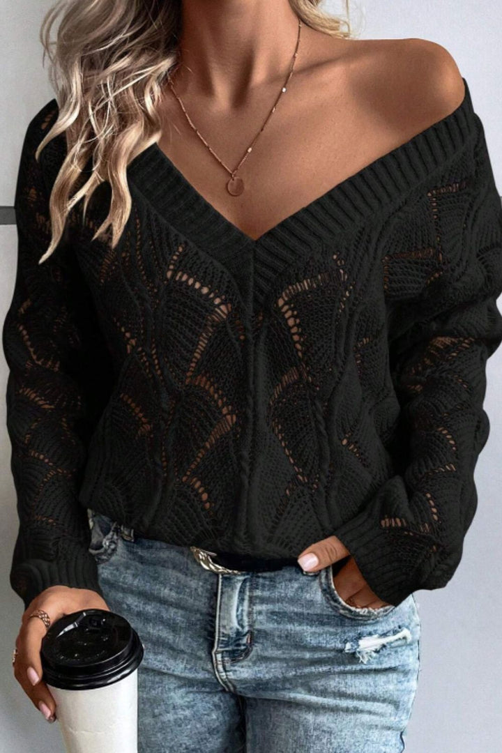 Openwork V-Neck Long Sleeve Sweater