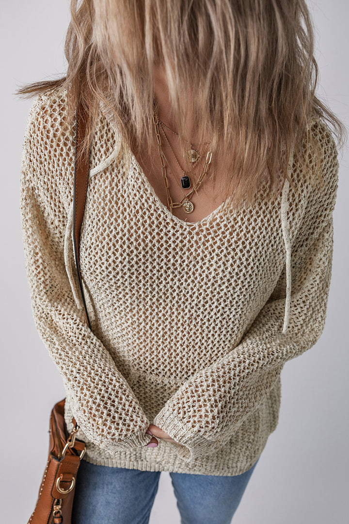 Openwork Dropped Shoulder Hooded Knit Top