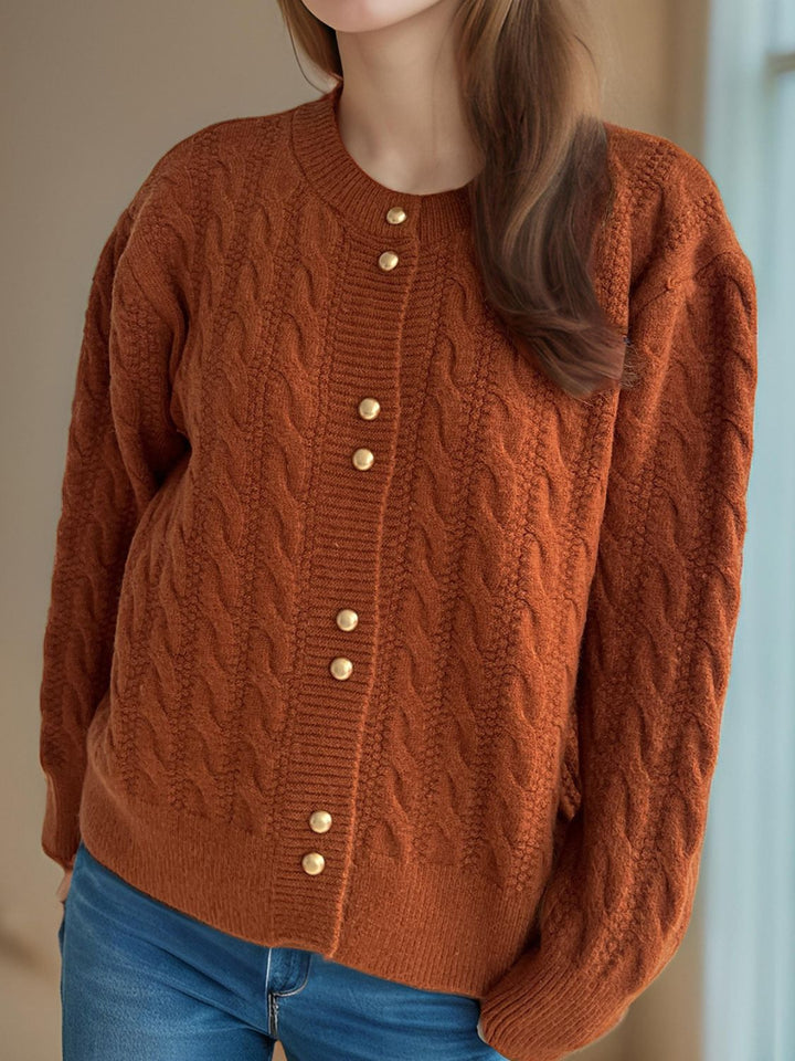 Cable-Knit Round Neck Long Sleeve Cardigan