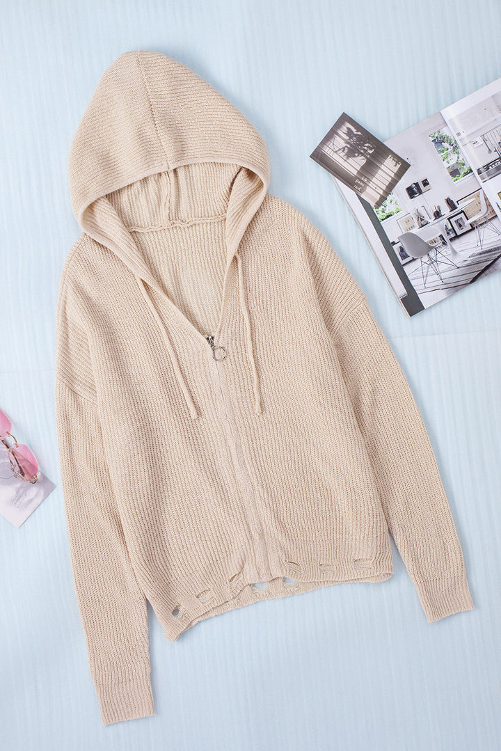 Distressed Zip Up Drawstring Hooded Cardigan