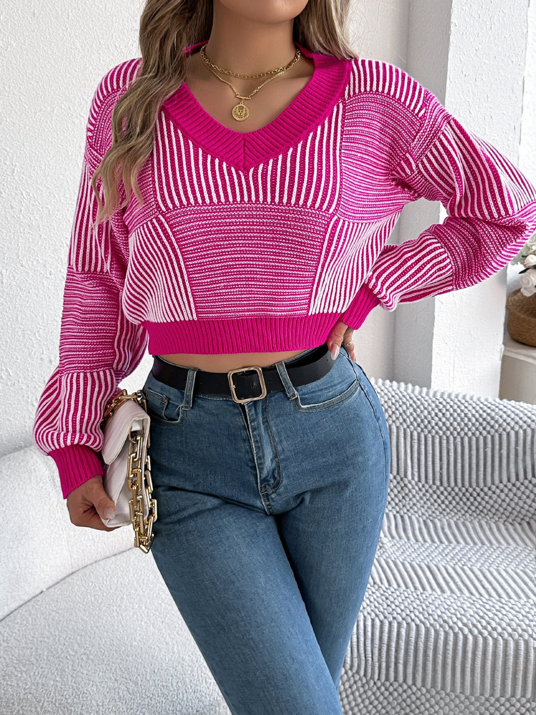 Striped V-Neck Long Sleeve Sweater