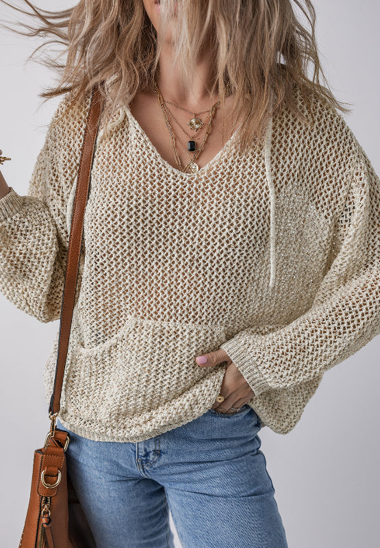 Openwork Dropped Shoulder Hooded Knit Top