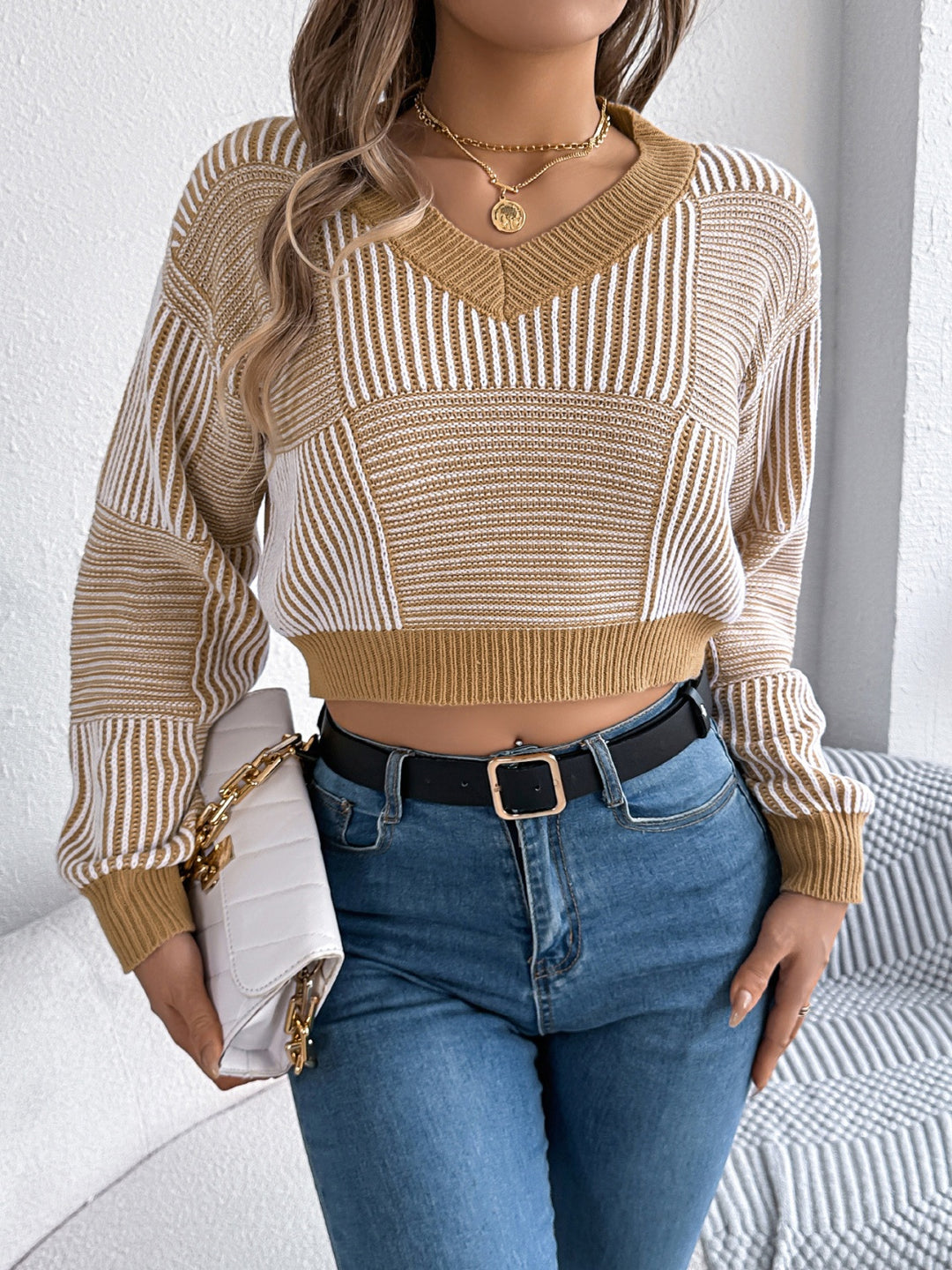 Striped V-Neck Long Sleeve Sweater