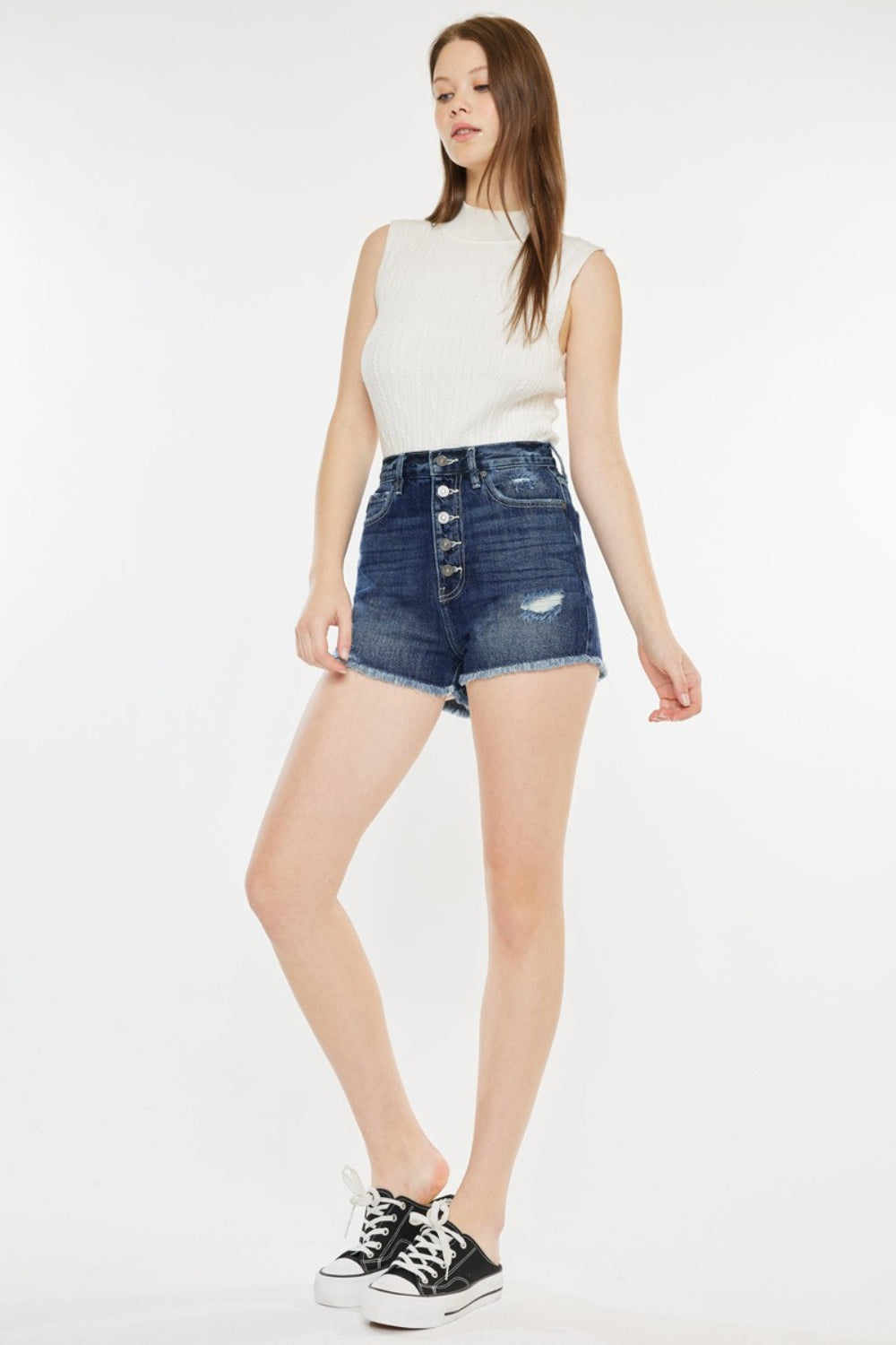 Kancan Raw Hem Button Fly Denim Shorts