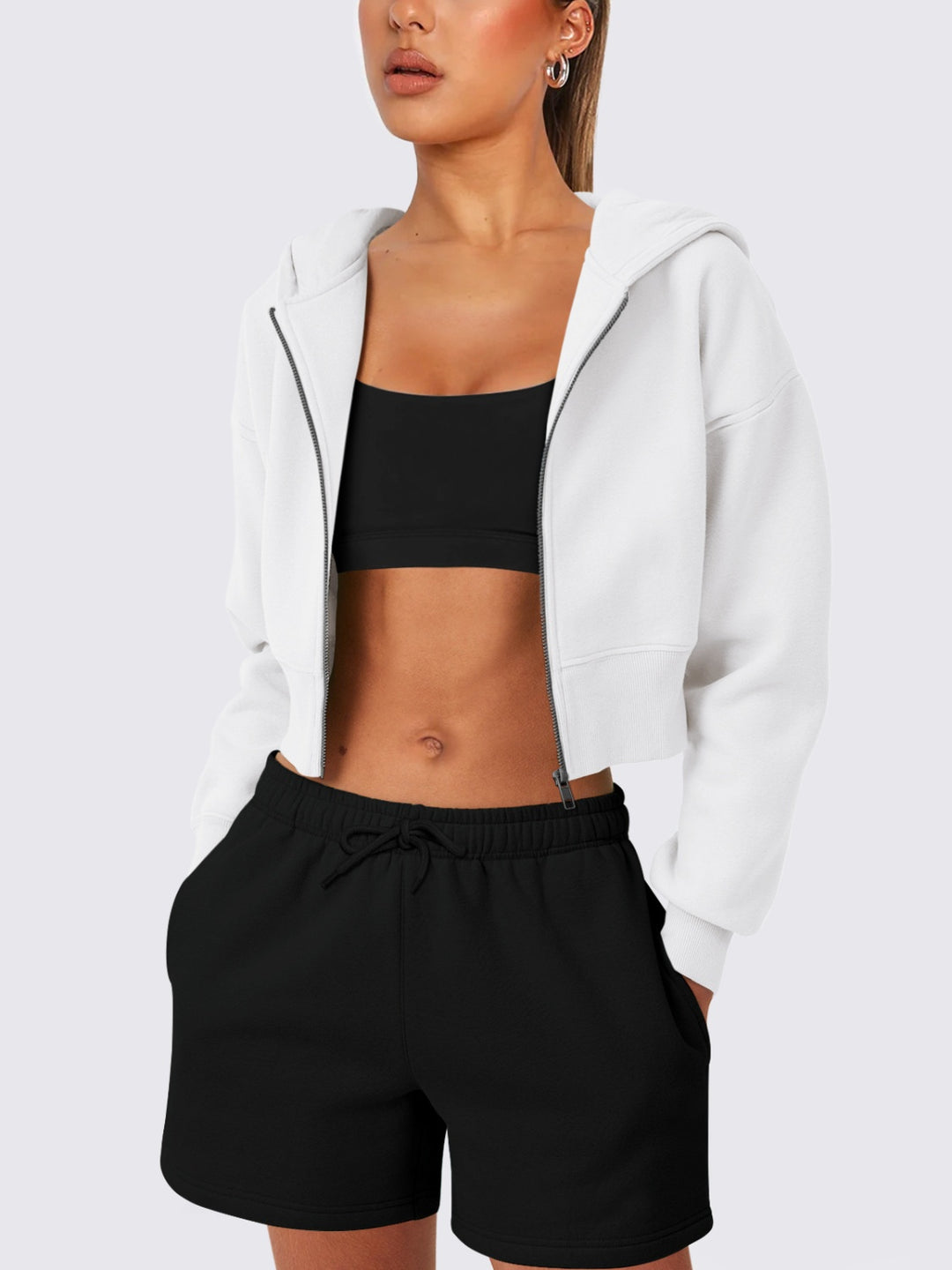 Zip Up Long Sleeve Hooded Cropped Jacket