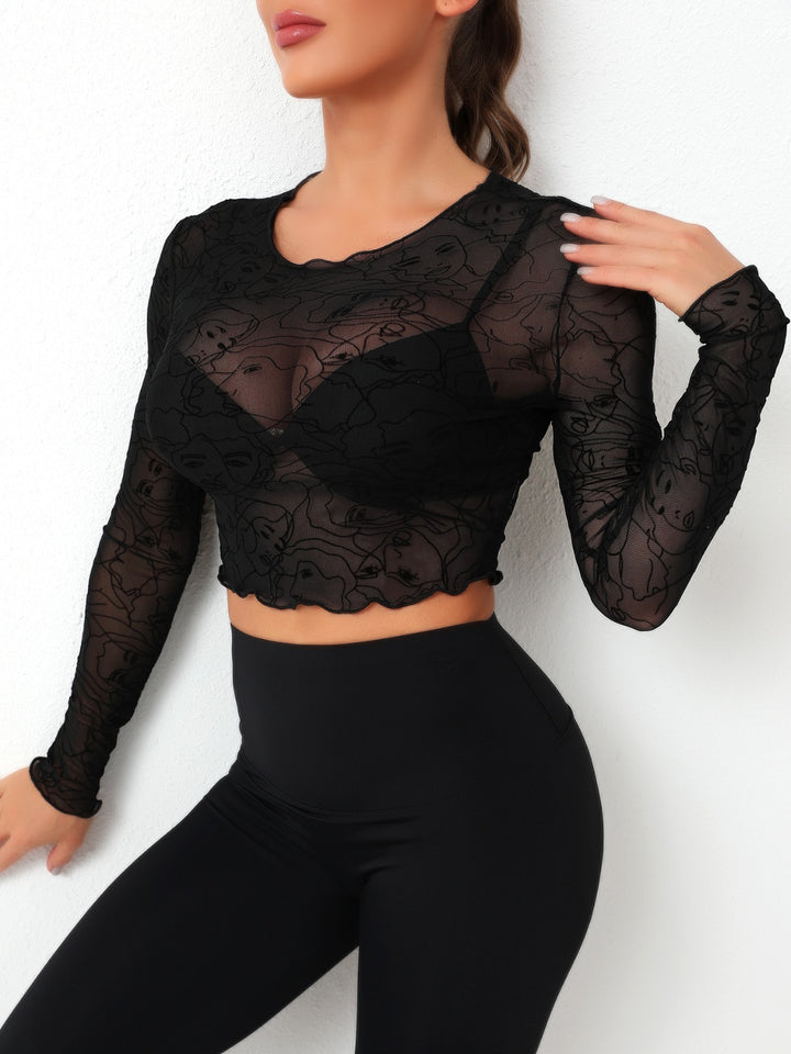 Round Neck Long Sleeve Sheer Top