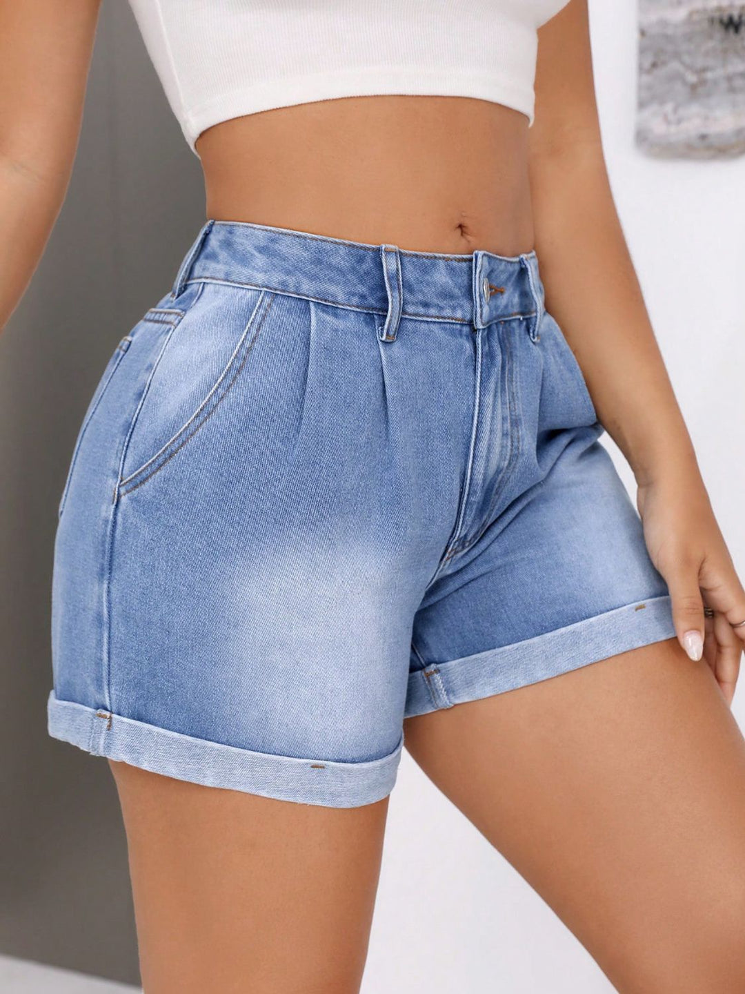 Rolled Hem Mid-Rise Waist Denim Shorts