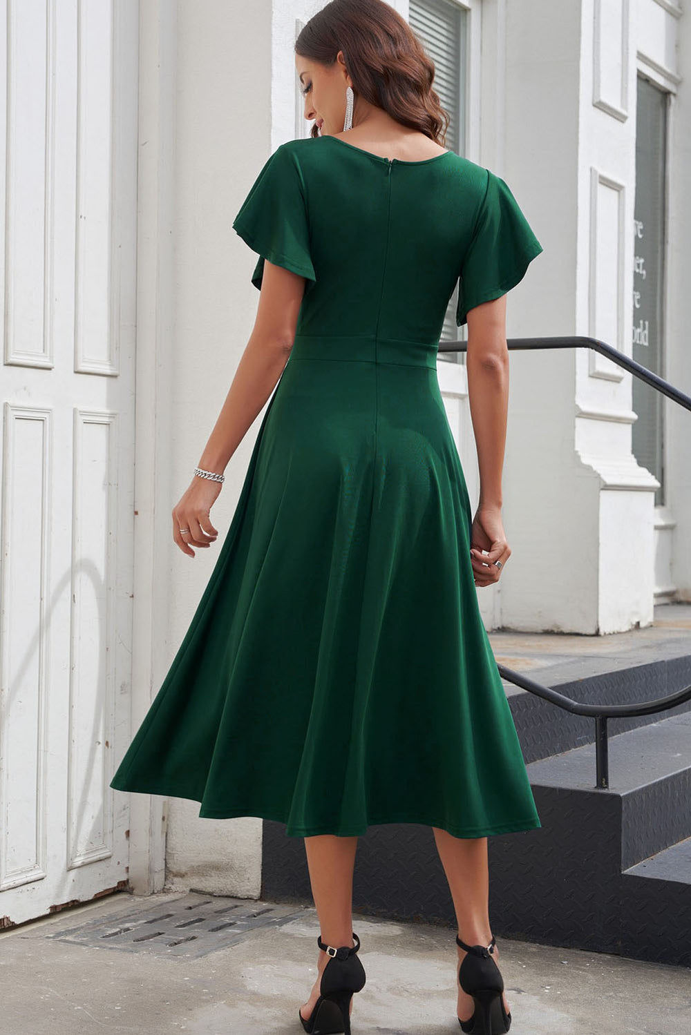 Flutter Sleeve Surplice Midi Dress - ALINA VOGT