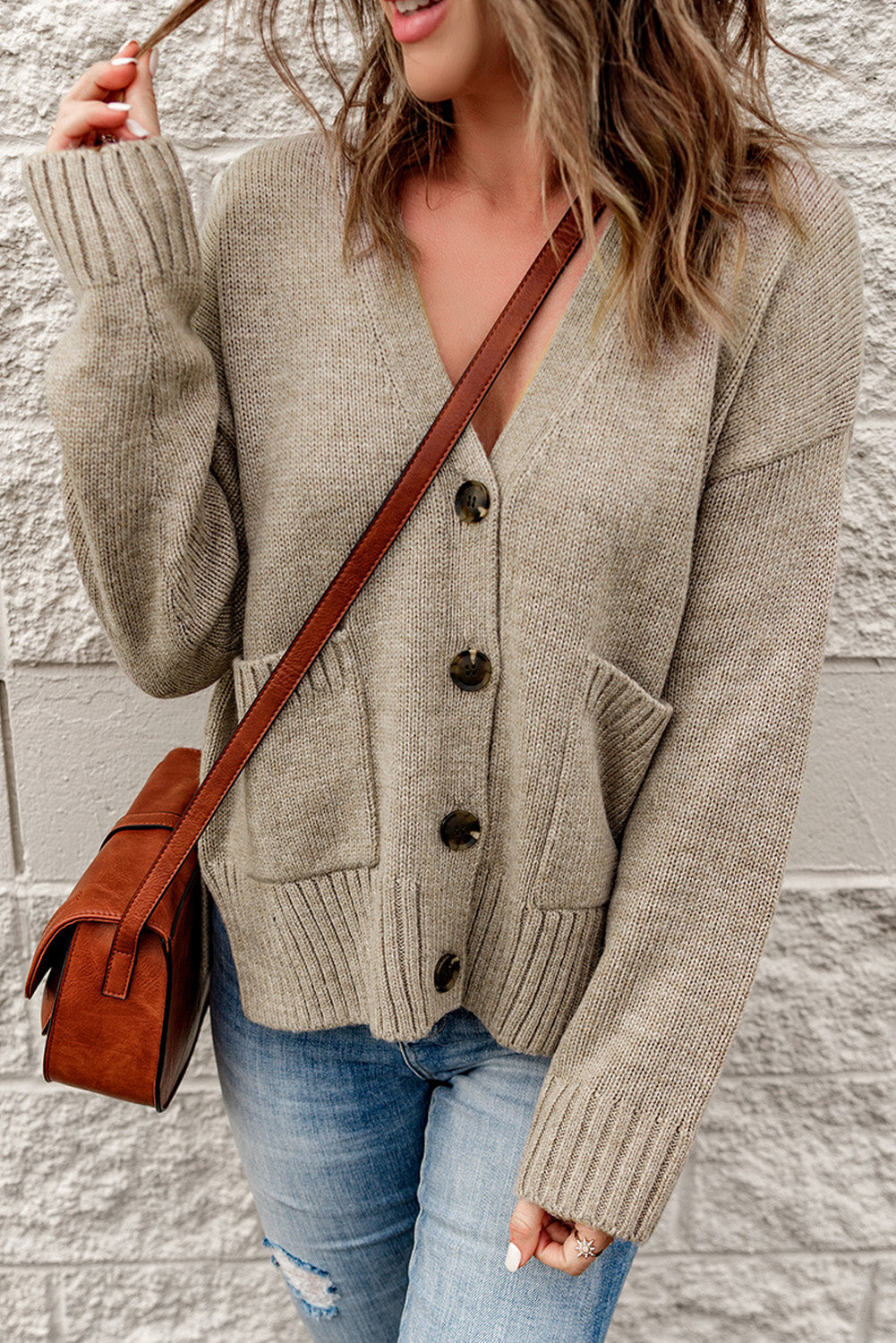 Ribbed Trim Button Down Cardigan with Pockets - ALINA VOGT