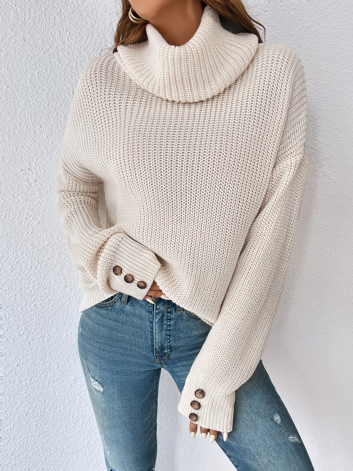 Decorative Button Turtleneck Dropped Shoulder Sweater