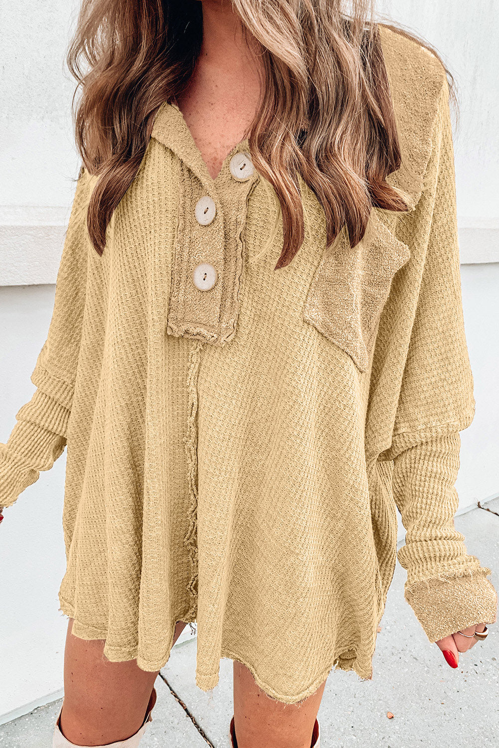 Waffle Knit Buttoned Long Sleeve Top with Breast Pocket