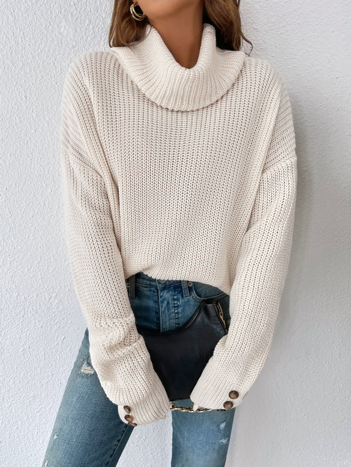 Decorative Button Turtleneck Dropped Shoulder Sweater