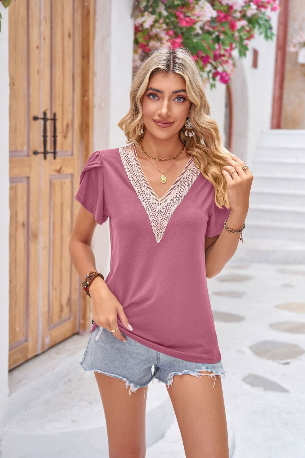 Contrast V-Neck Petal Sleeve Top