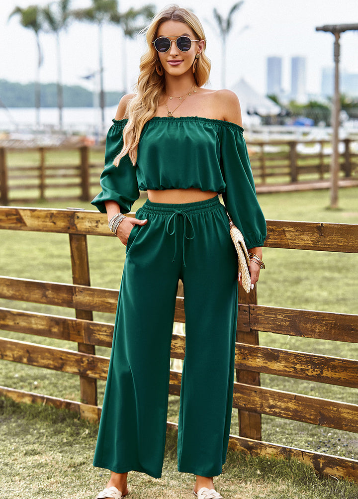 Off-Shoulder Blouse and Drawstring Waist Pants Set