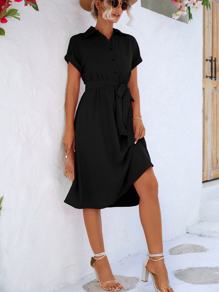 Cuffed Short Sleeve Belted Shirt Dress - ALINA VOGT