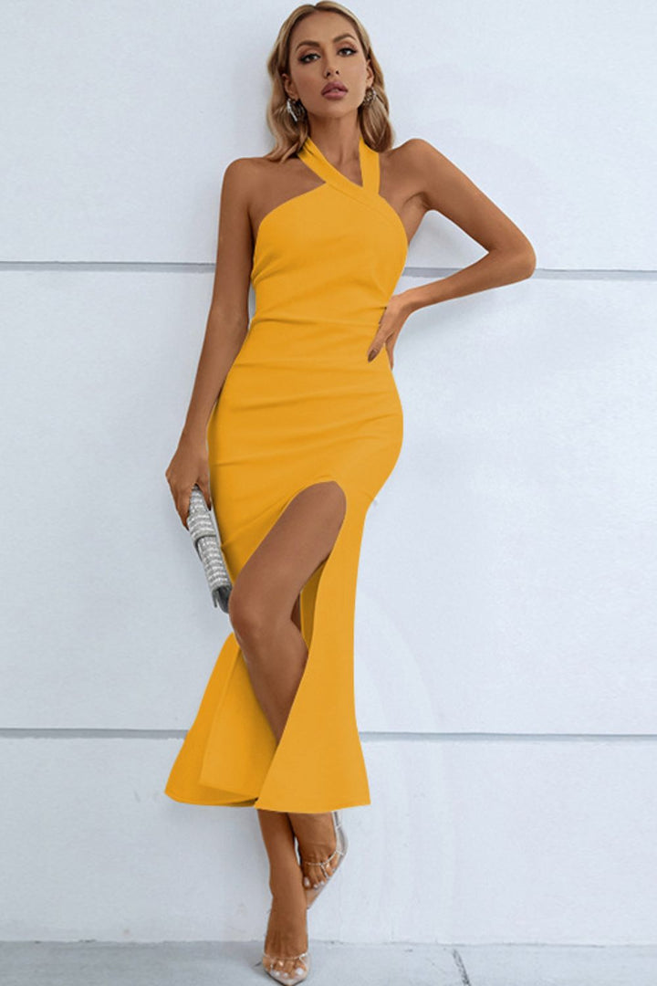 Halter Neck Split Fishtail Bodycon Dress - ALINA VOGT