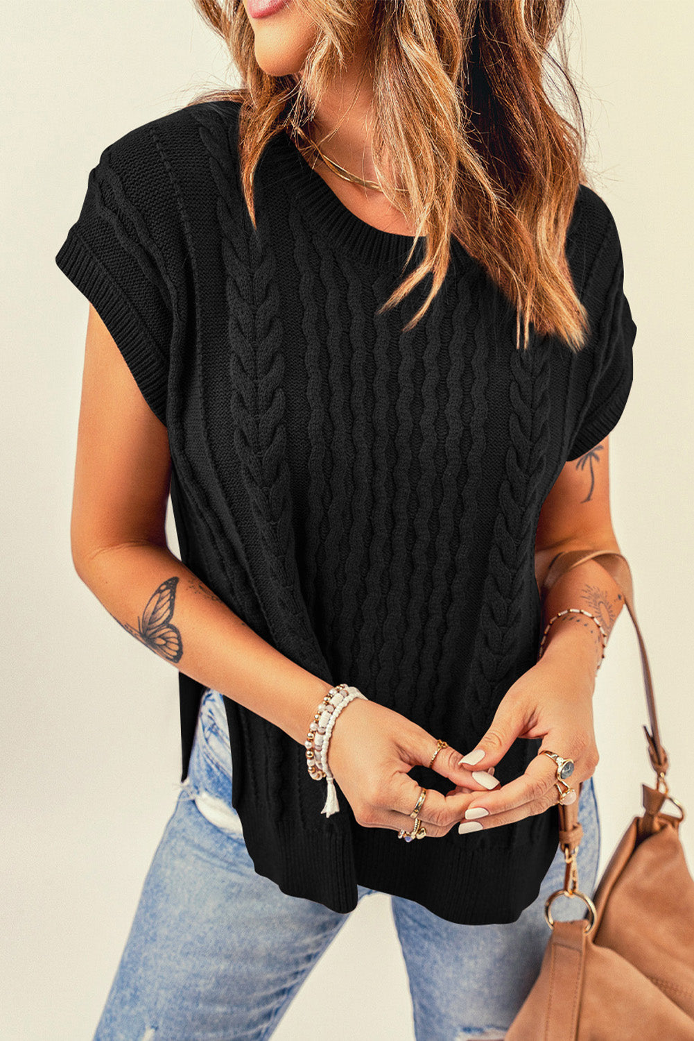 Cable-Knit Side Slit Sweater Vest - ALINA VOGT