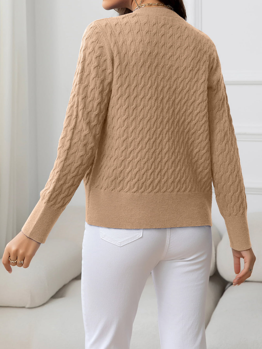 Round Neck Cable-Knit Buttoned Knit Top