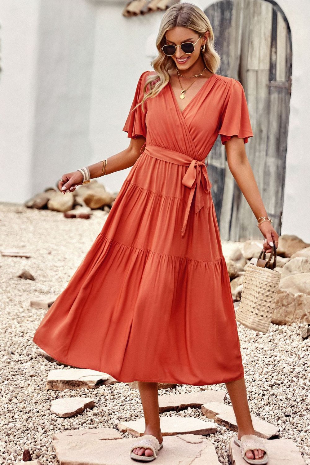 Belted Flutter Sleeve Tiered Surplice Dress