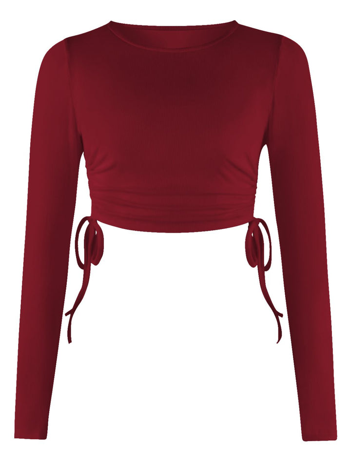 Drawstring Round Neck Long Sleeve Top