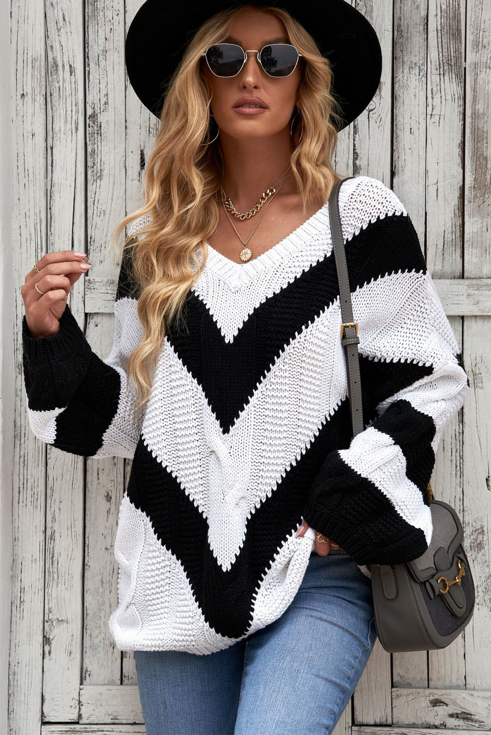 Chevron Cable-Knit V-Neck Tunic Sweater - ALINA VOGT