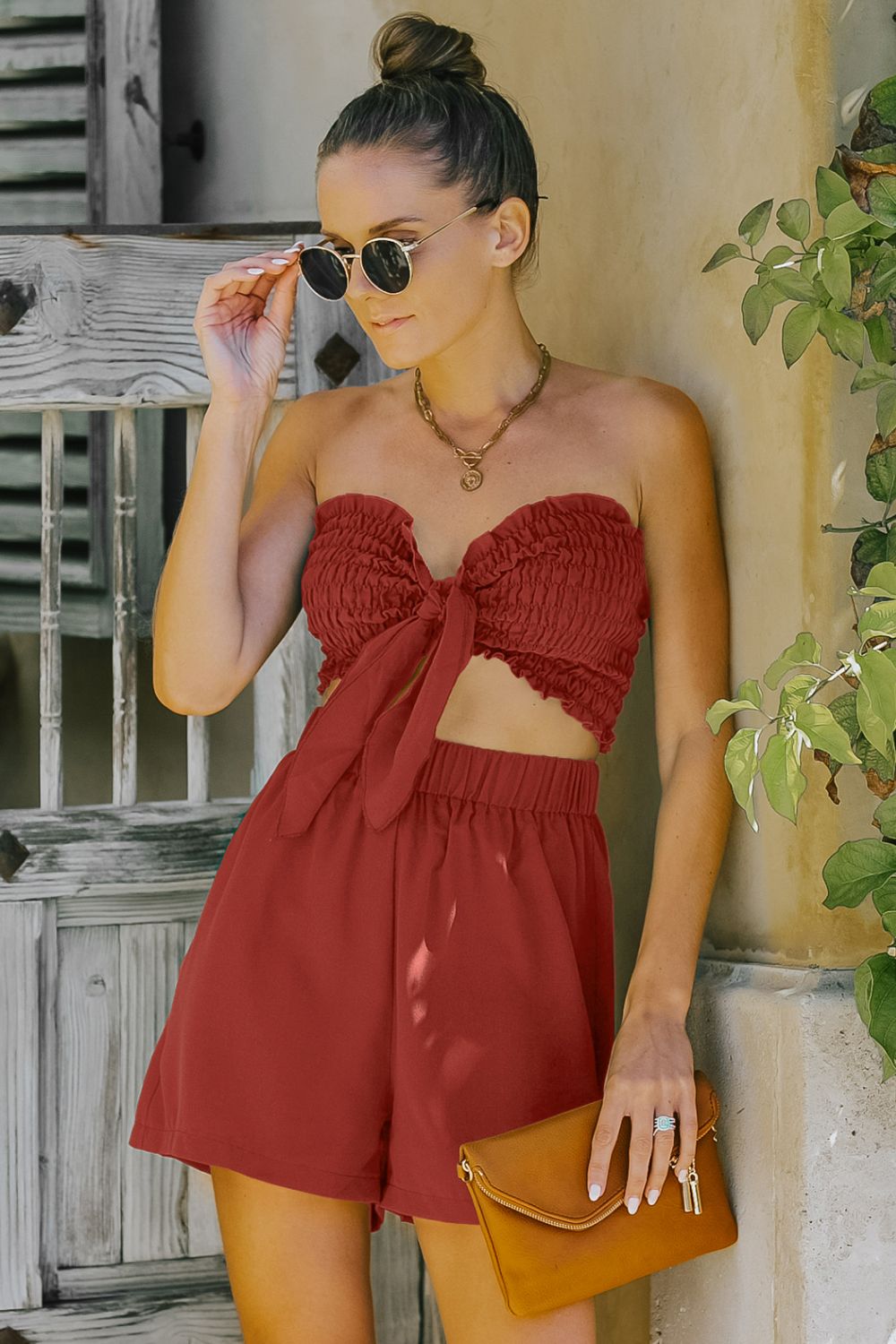 Smocked Frill Trim Tube Top and Shorts Set