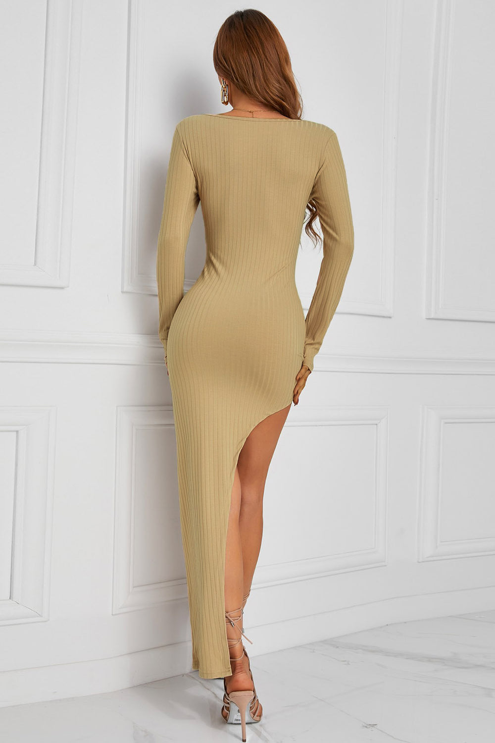 Ribbed Scoop Neck Bodycon Dress with Split - ALINA VOGT