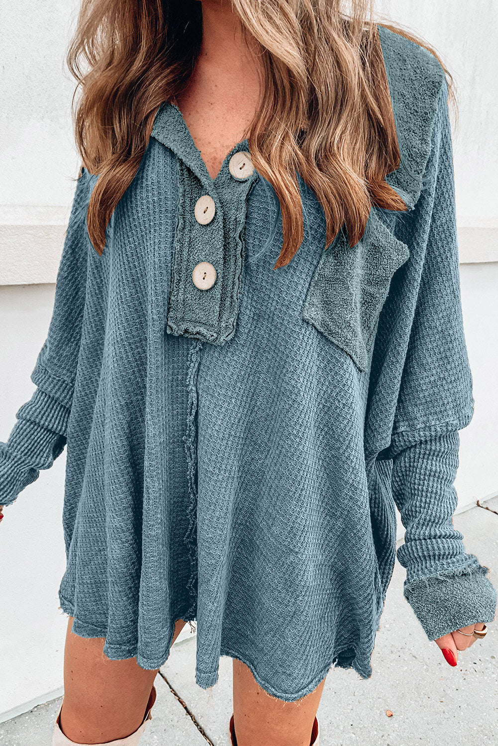 Waffle Knit Buttoned Long Sleeve Top with Breast Pocket