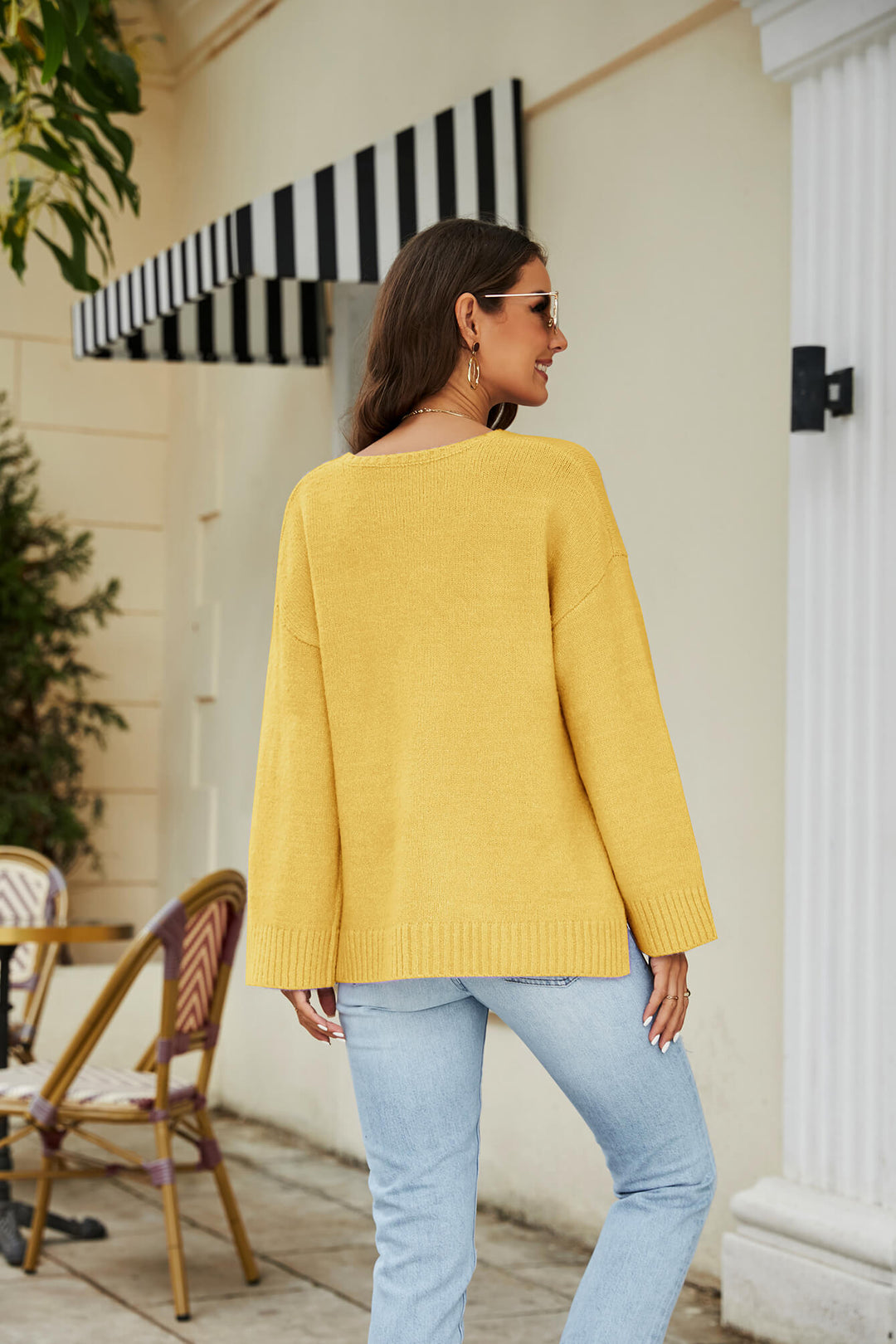 Drop Shoulder V-Neck Knit Pullover