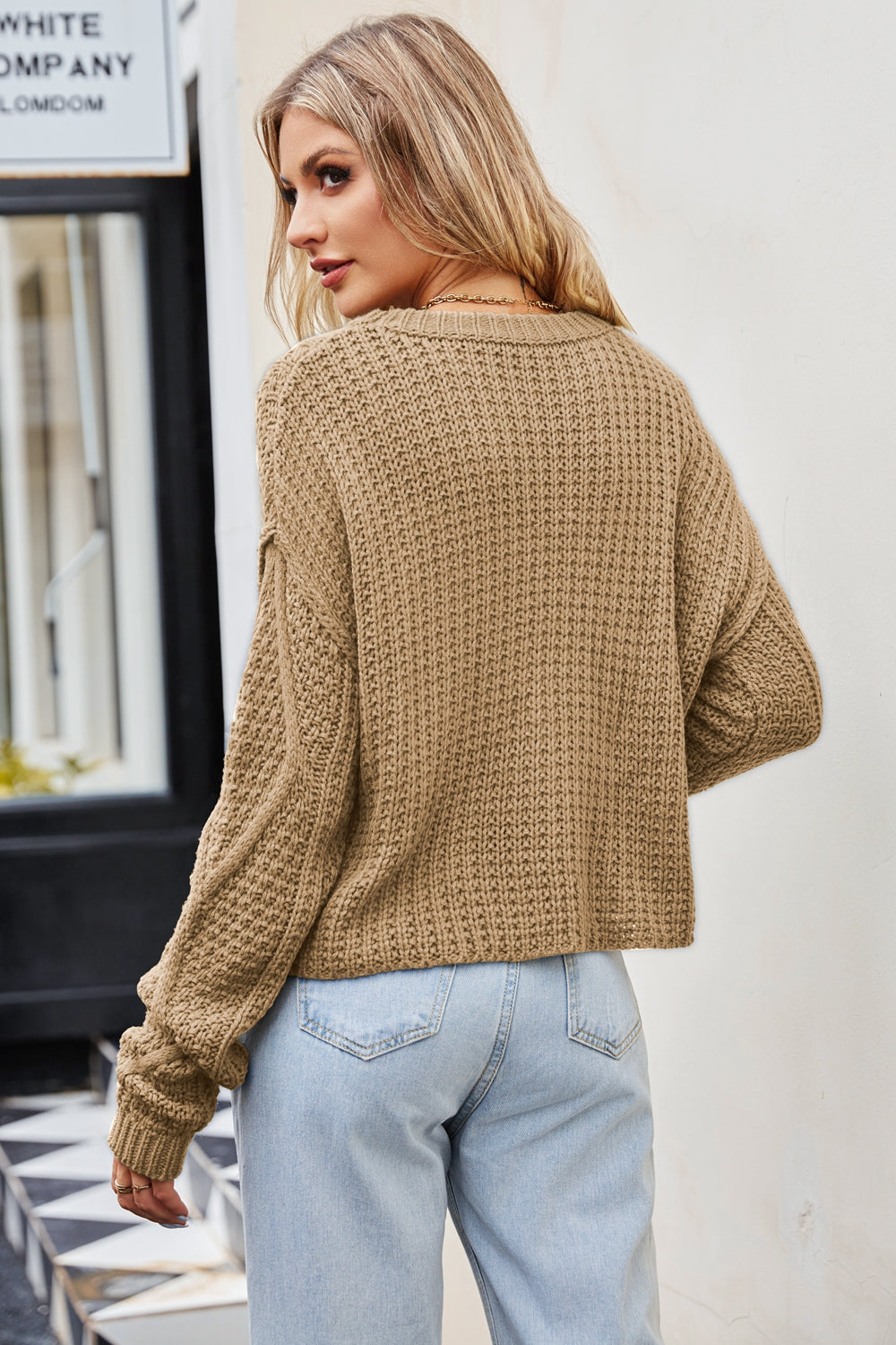 Cable-Knit Round Neck Dropped Shoulder Sweater