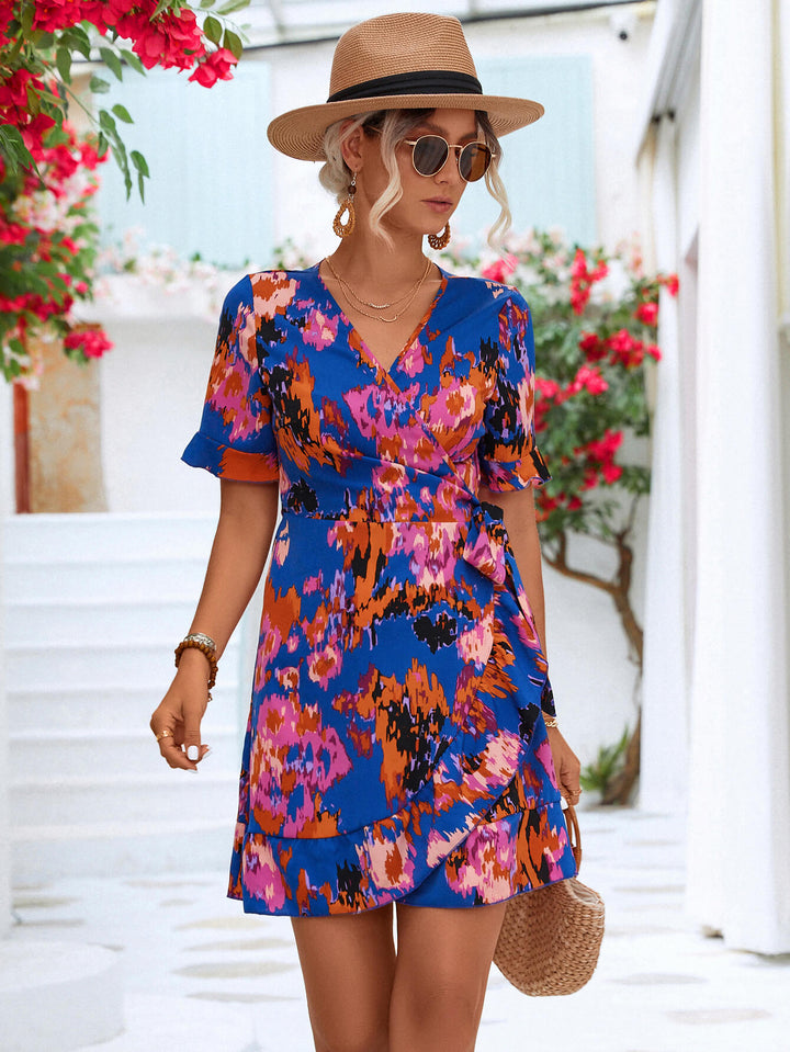 Printed Flounce Sleeve Tied Dress - ALINA VOGT