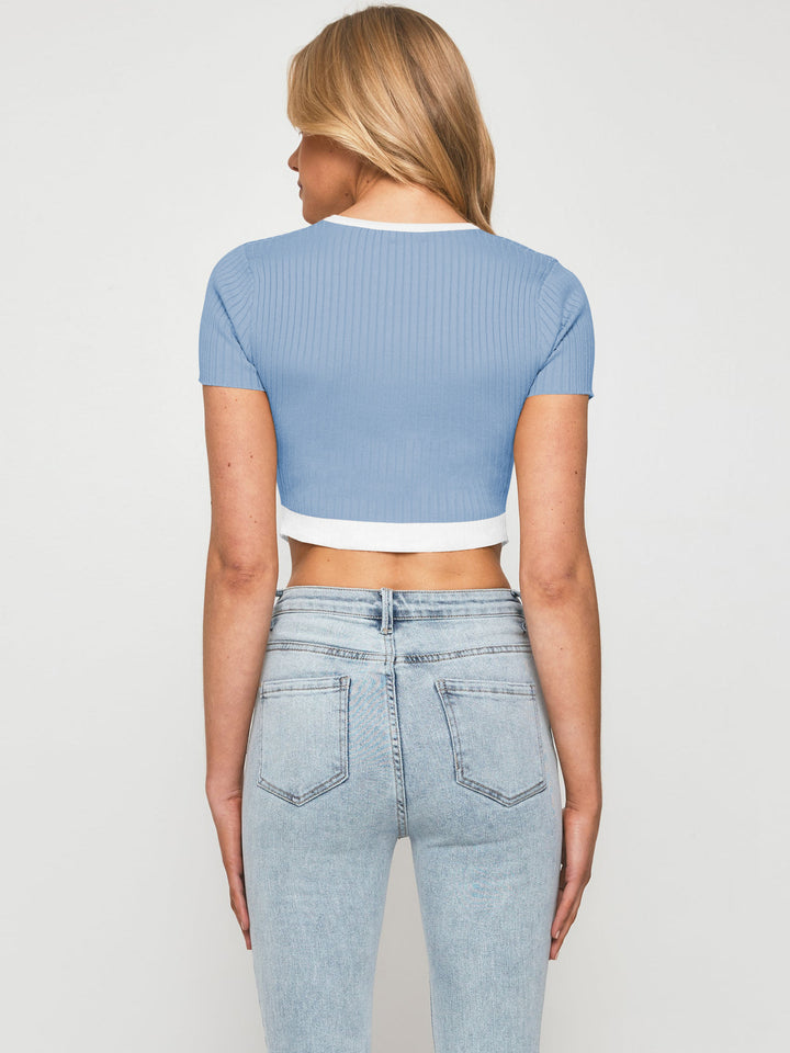 Contrast Trim Pointed Hem Ribbed Crop Top