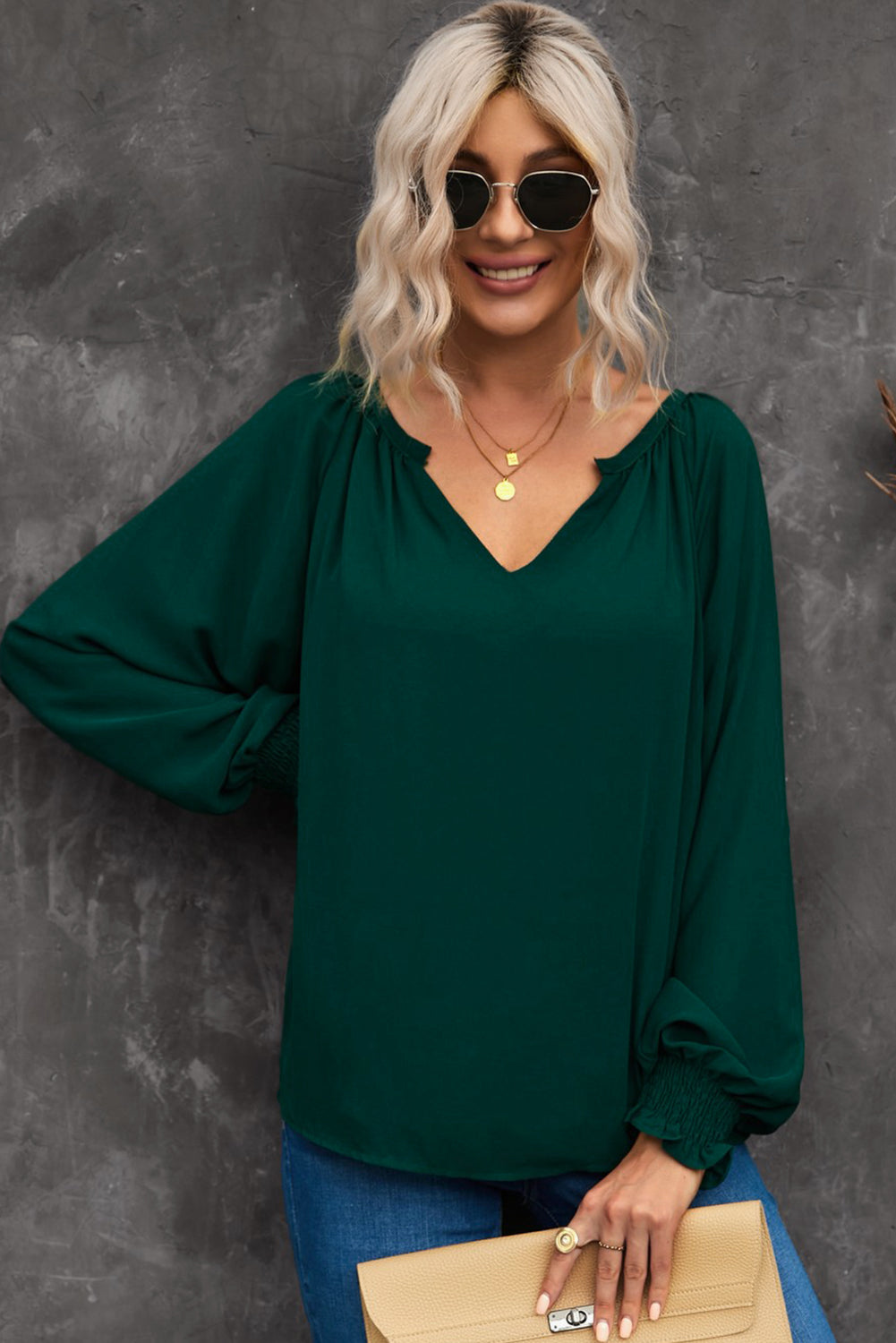 Notched Neck Lantern Sleeve Blouse - ALINA VOGT