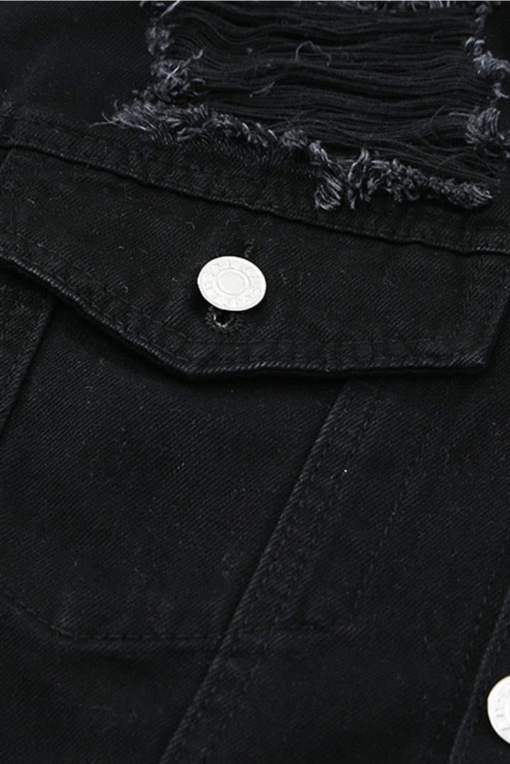 Distressed Button-Up Denim Jacket with Pockets - ALINA VOGT