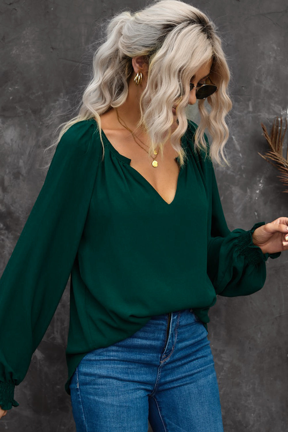 Notched Neck Lantern Sleeve Blouse - ALINA VOGT