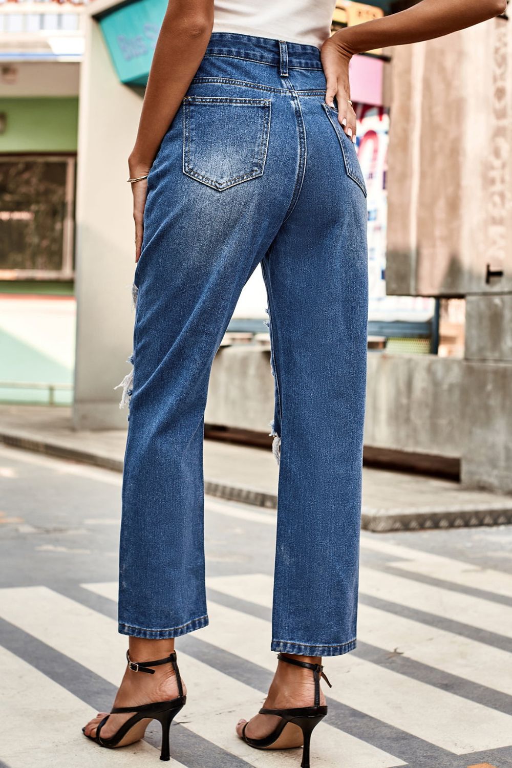 Distressed High Waist Straight Jeans