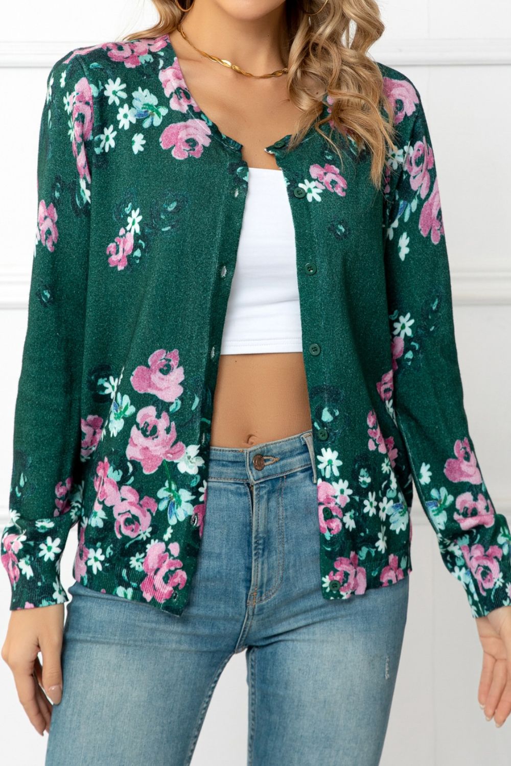 Floral Button Front Round Neck Cardigan