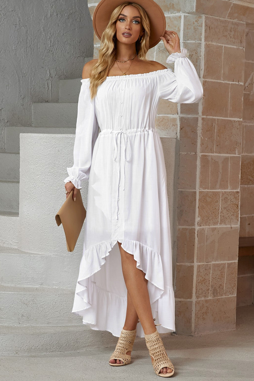 Decorative Button Ruffled High-Low Off-Shoulder Dress - ALINA VOGT