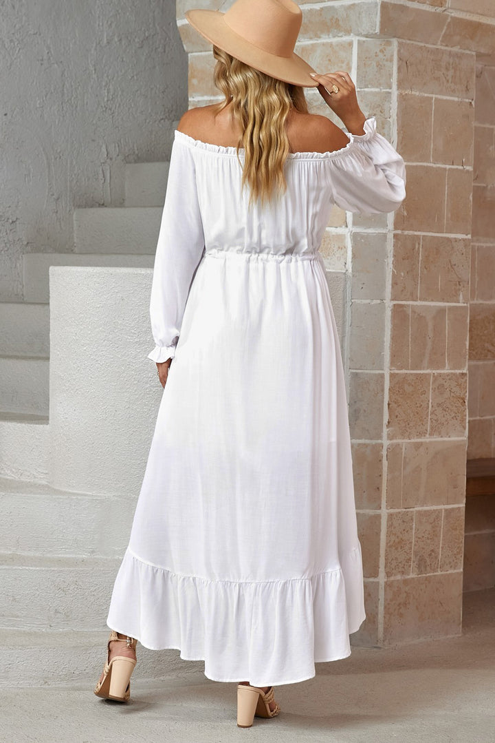 Decorative Button Ruffled High-Low Off-Shoulder Dress - ALINA VOGT