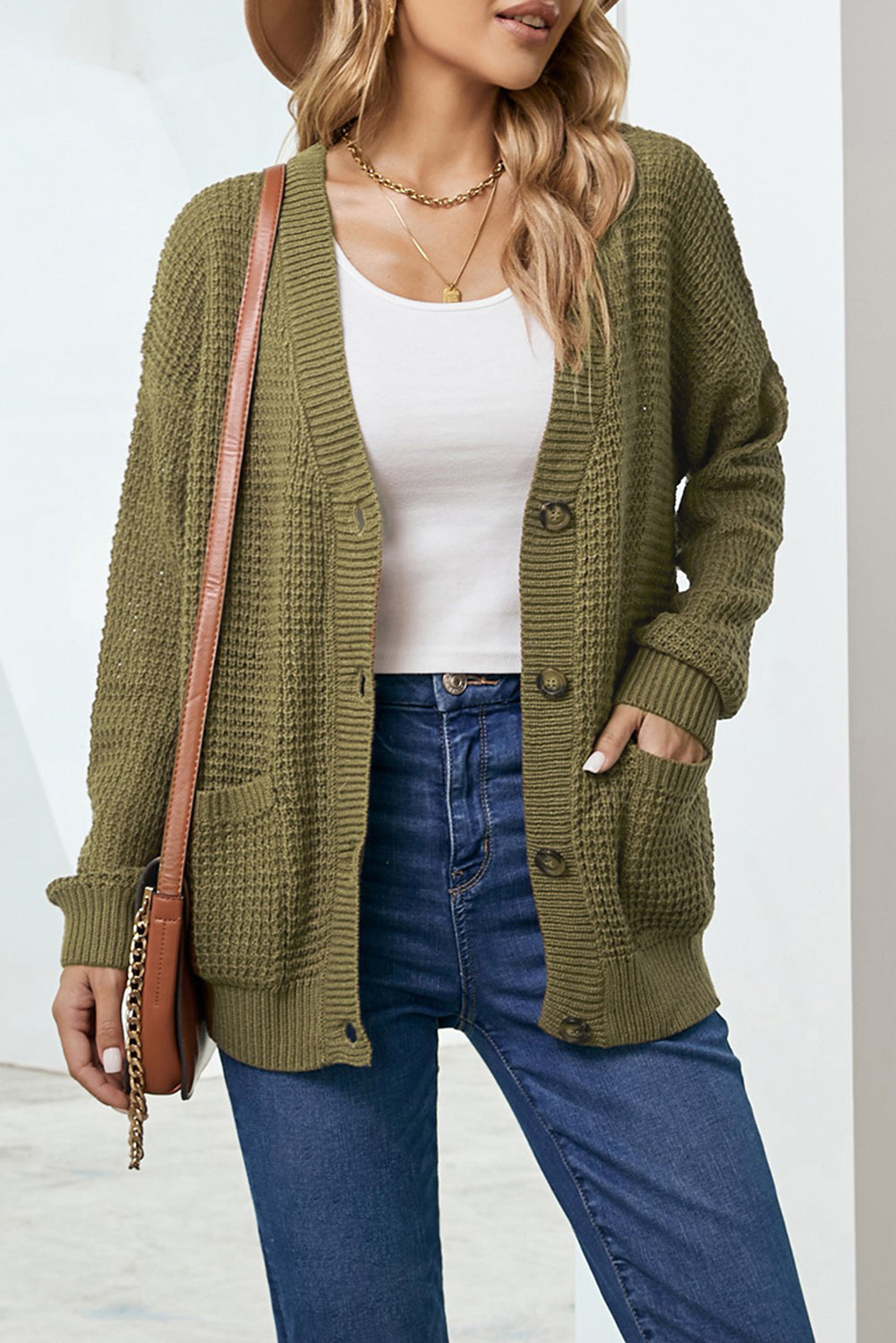 Drop Shoulder Button Down Pocketed Cardigan - ALINA VOGT