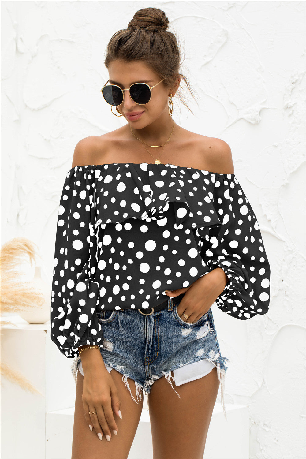 Polka Dot Off-Shoulder Layered Blouse