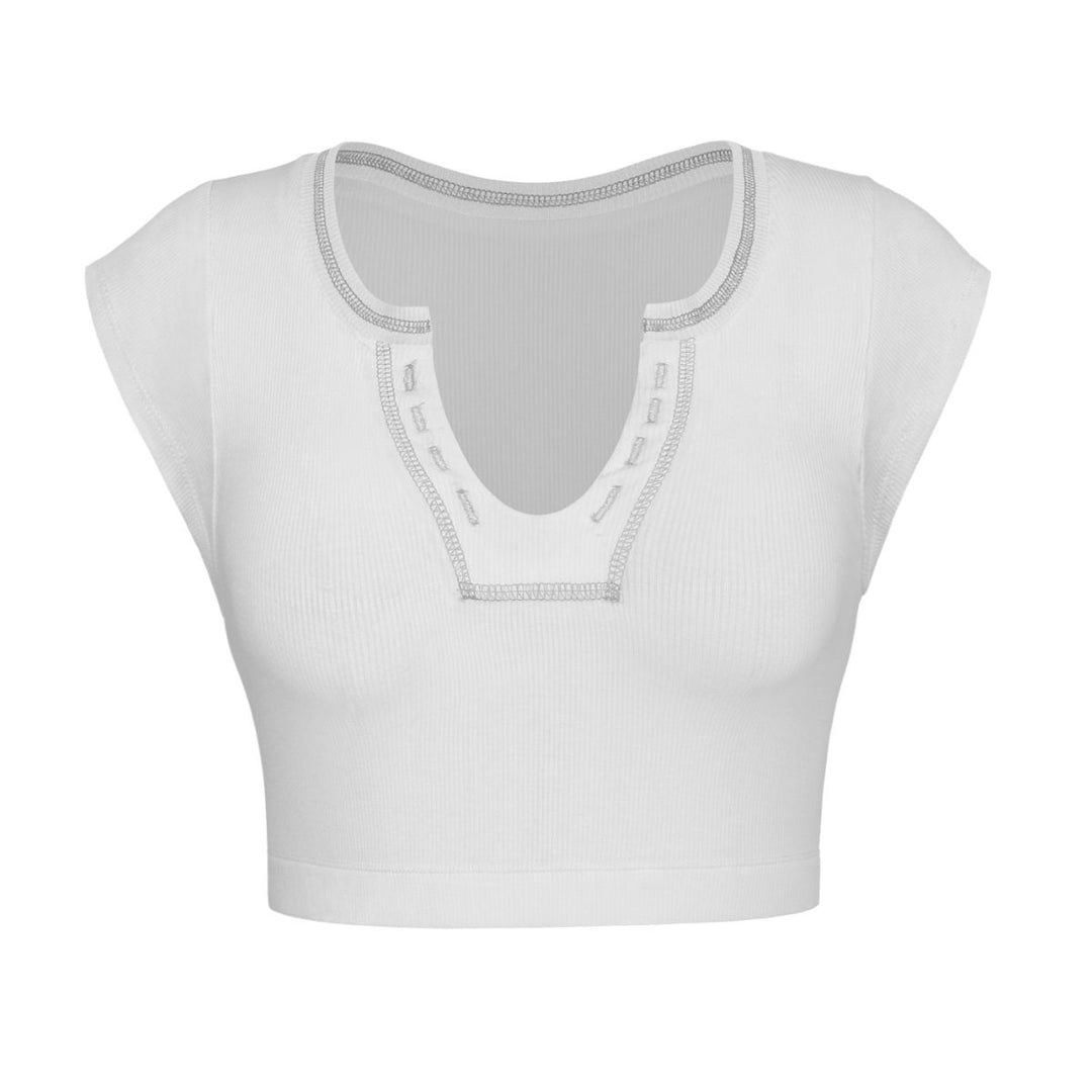 Notched Neck Cap Sleeve Cropped Tee