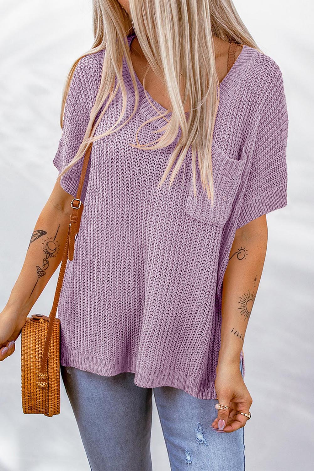 Side Slit V-Neck Short Sleeve Sweater - ALINA VOGT