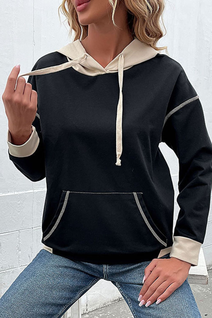 Contrast Drawstring Detail Drop Shoulder Hoodie - ALINA VOGT