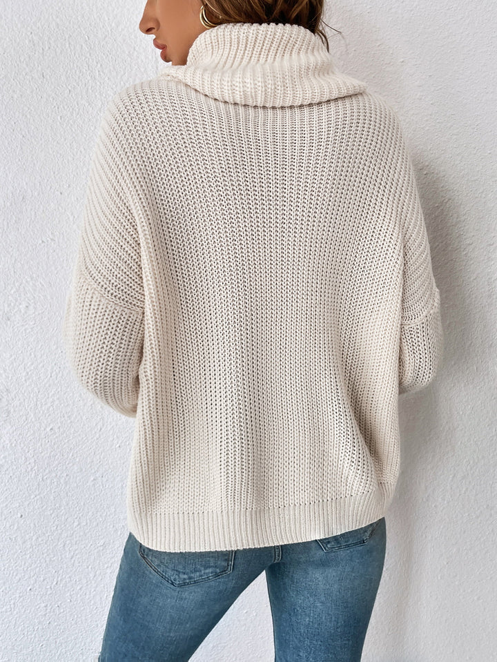 Decorative Button Turtleneck Dropped Shoulder Sweater