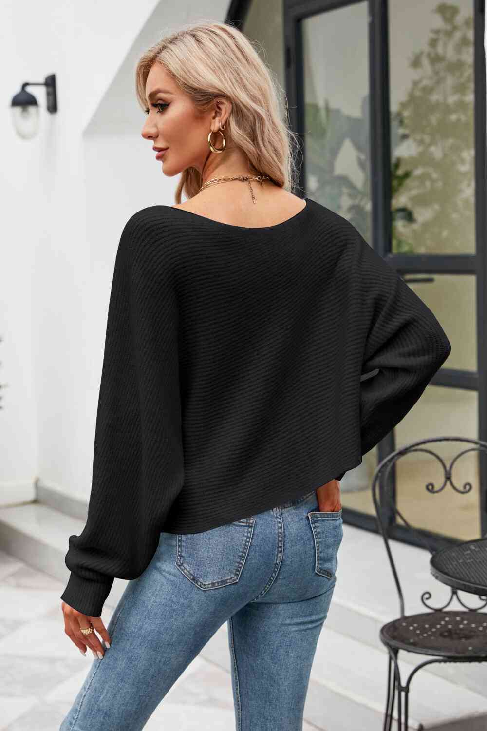 Boat Neck Horizontal Ribbing Dolman Sleeve Sweater