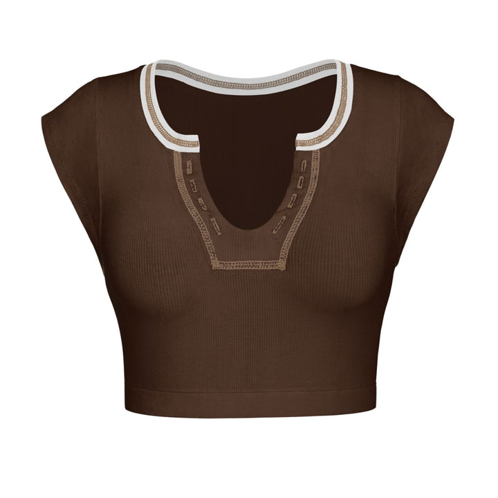 Notched Neck Cap Sleeve Cropped Tee