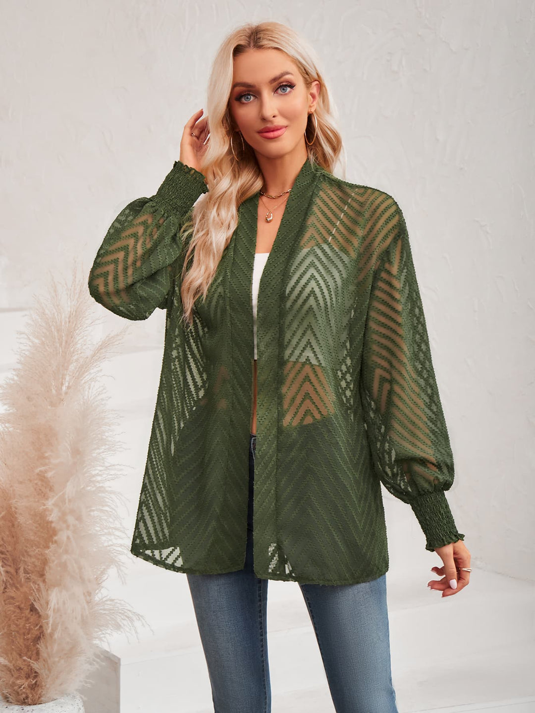 Lantern Sleeve Open Front Sheer Cardigan