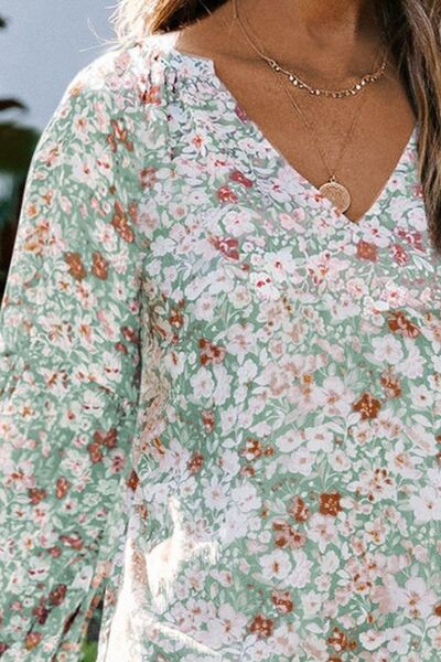 Floral Notched Balloon Sleeve Blouse