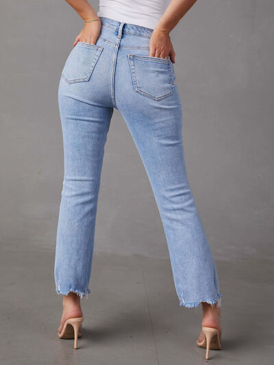 Distressed Raw Hem Jeans with Pockets